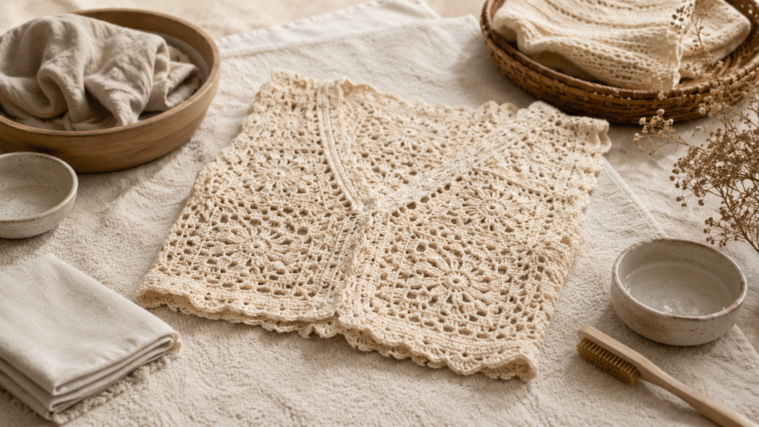 Cream handmade crochet pieces arranged on a linen table beside a cup and natural materials