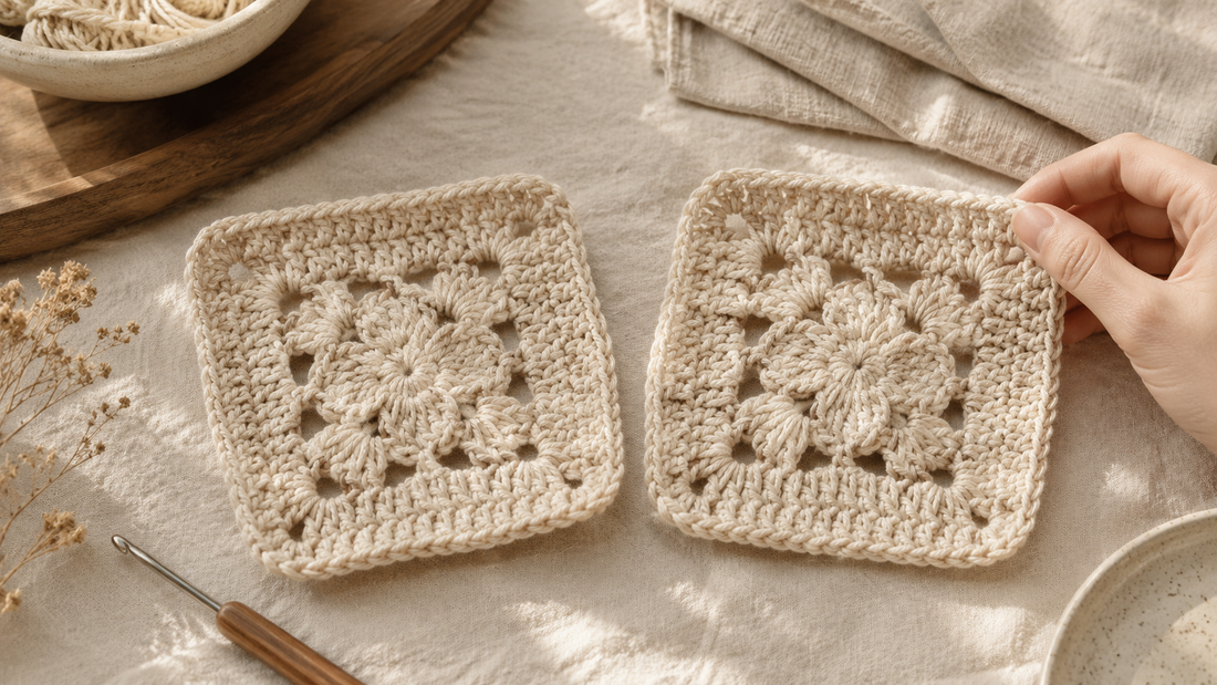 Two cream handmade crochet squares compared side by side on a linen table
