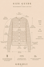Size guide for the multicolour crochet cardigan showing a 44.5 cm body width, 55 cm total length and 65 cm sleeve length.