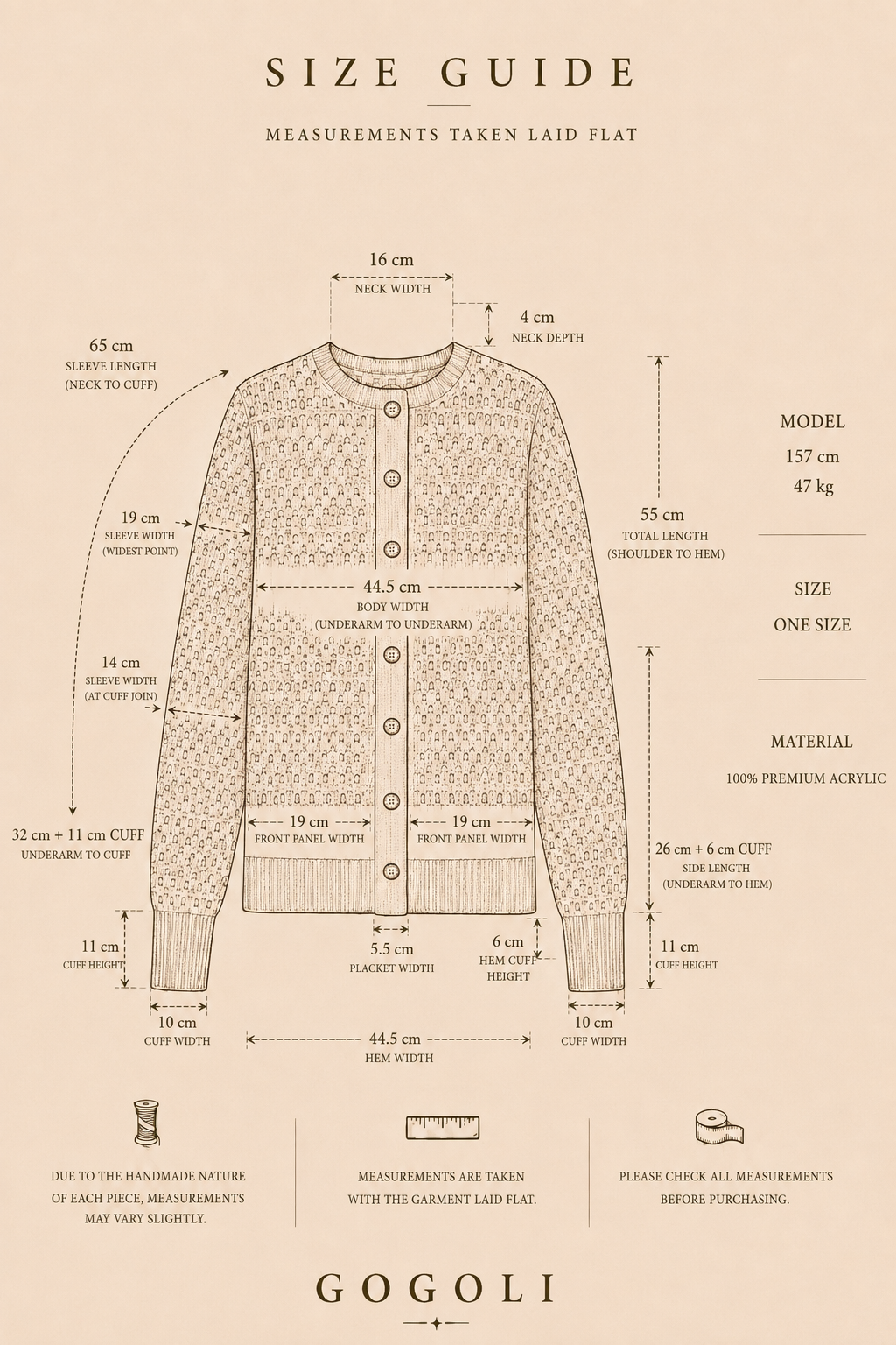 Size guide for the multicolour crochet cardigan showing a 44.5 cm body width, 55 cm total length and 65 cm sleeve length.