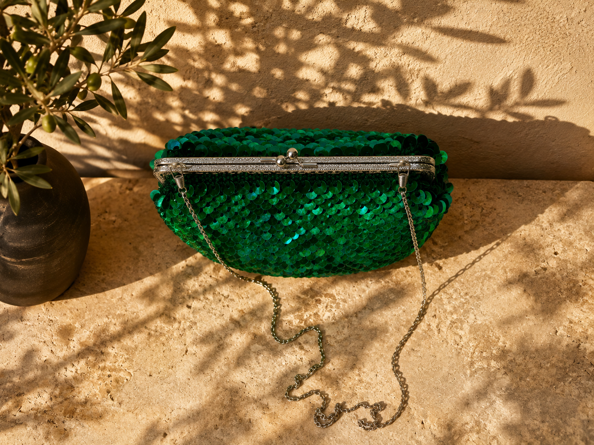 Handmade Full-Sequin Kiss-Lock Bag | Crochet Chain Evening Purse