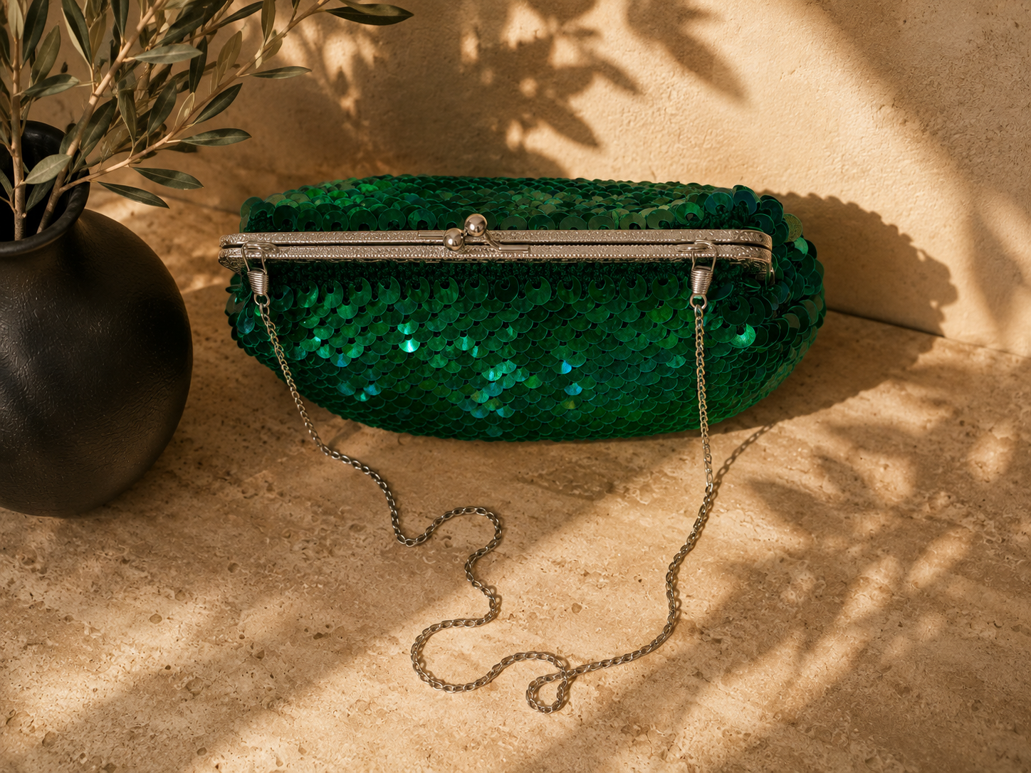 Handmade Full-Sequin Kiss-Lock Bag | Crochet Chain Evening Purse