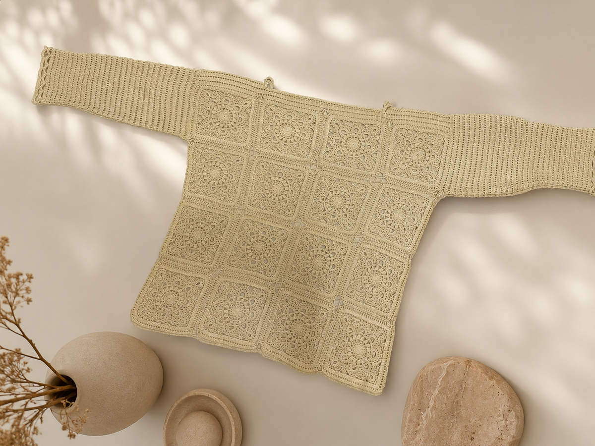 Handmade Ivory Motif Crochet Tunic | Long Sleeve Openwork Top