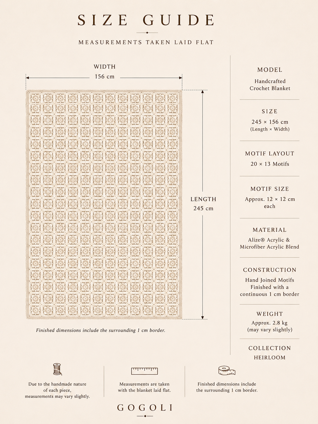 Size guide for the handmade crochet blanket, showing approximately 245 by 156 centimetres and a 20 by 13 motif layout.