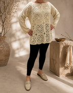 Handmade Ivory Motif Crochet Tunic | Long Sleeve Openwork Top