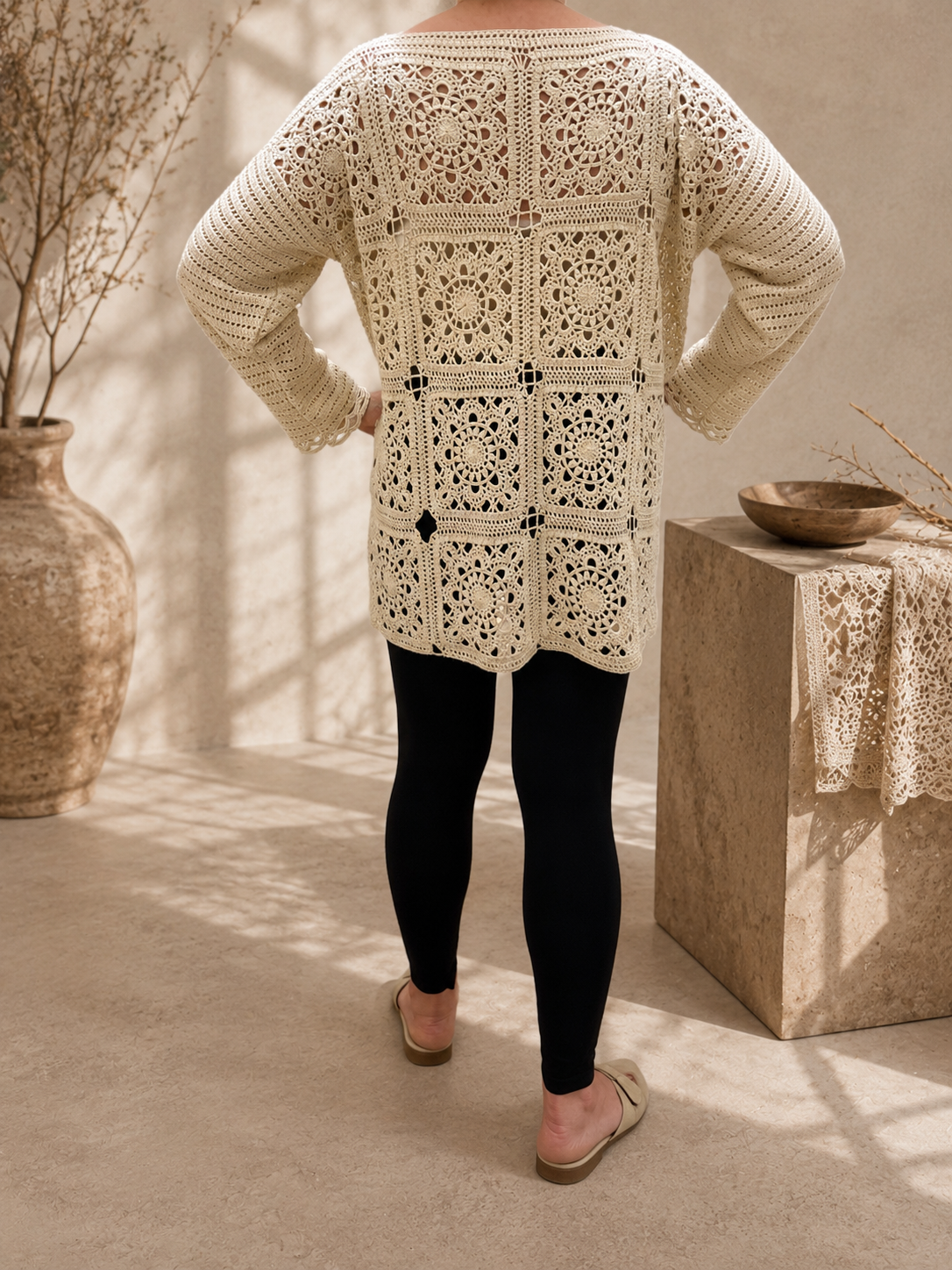 Handmade Ivory Motif Crochet Tunic | Long Sleeve Openwork Top