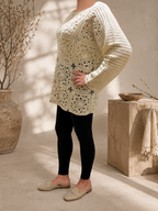 Handmade Ivory Motif Crochet Tunic | Long Sleeve Openwork Top