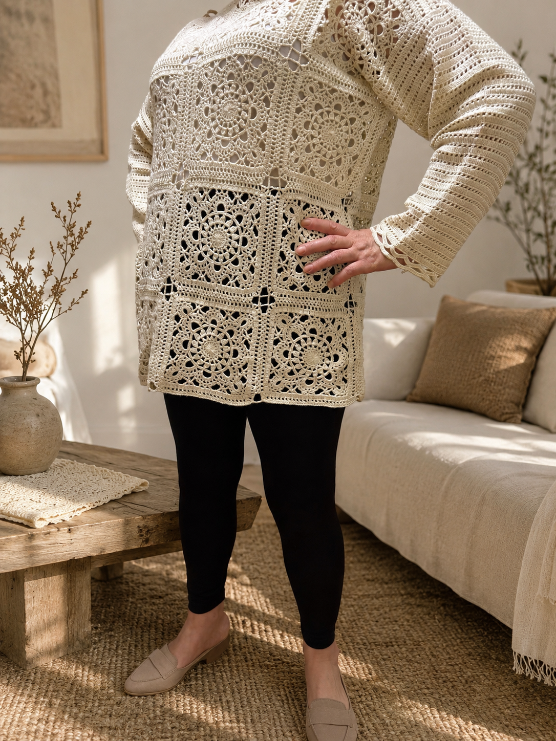 Handmade Ivory Motif Crochet Tunic | Long Sleeve Openwork Top
