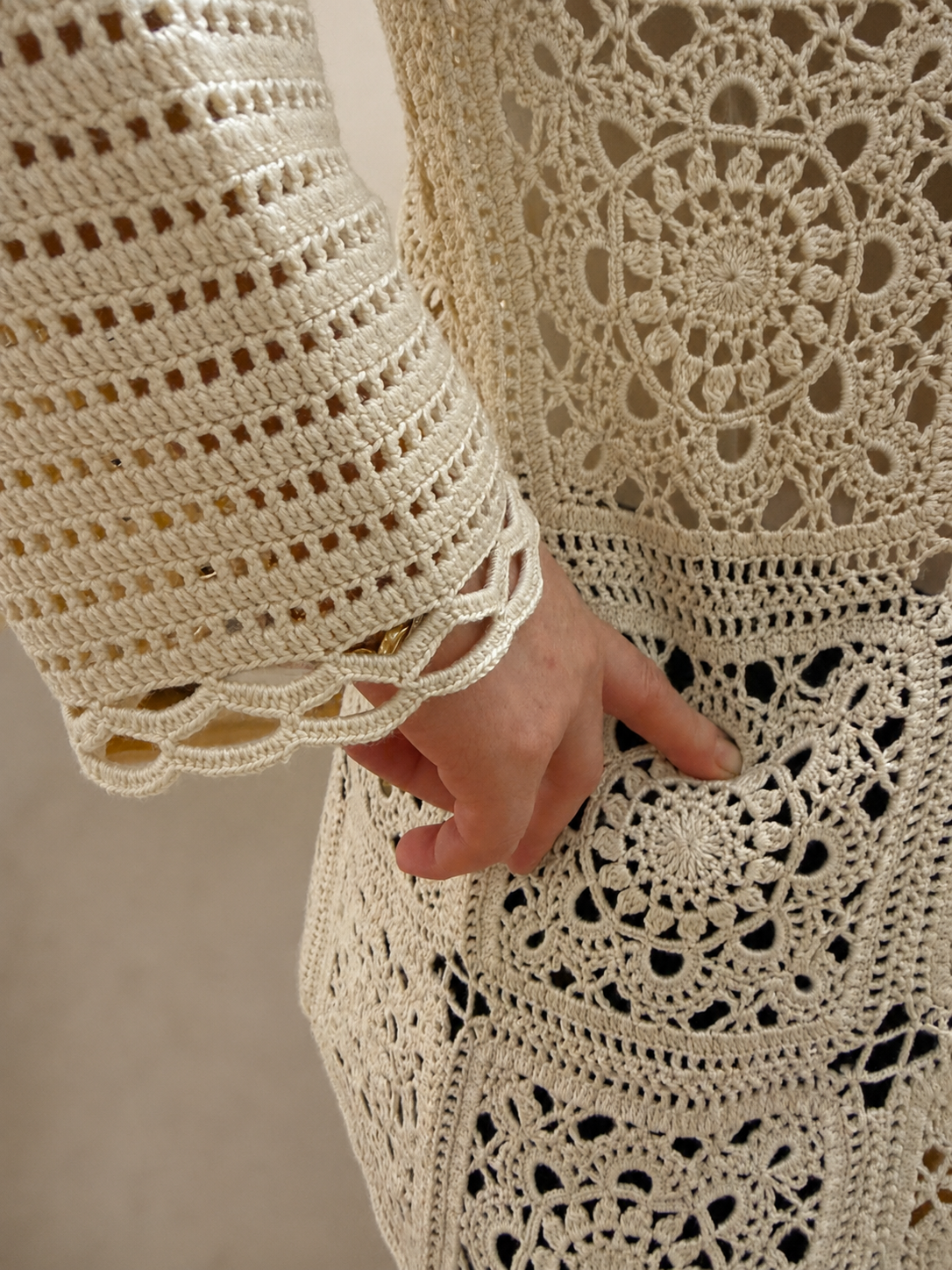 Handmade Ivory Motif Crochet Tunic | Long Sleeve Openwork Top