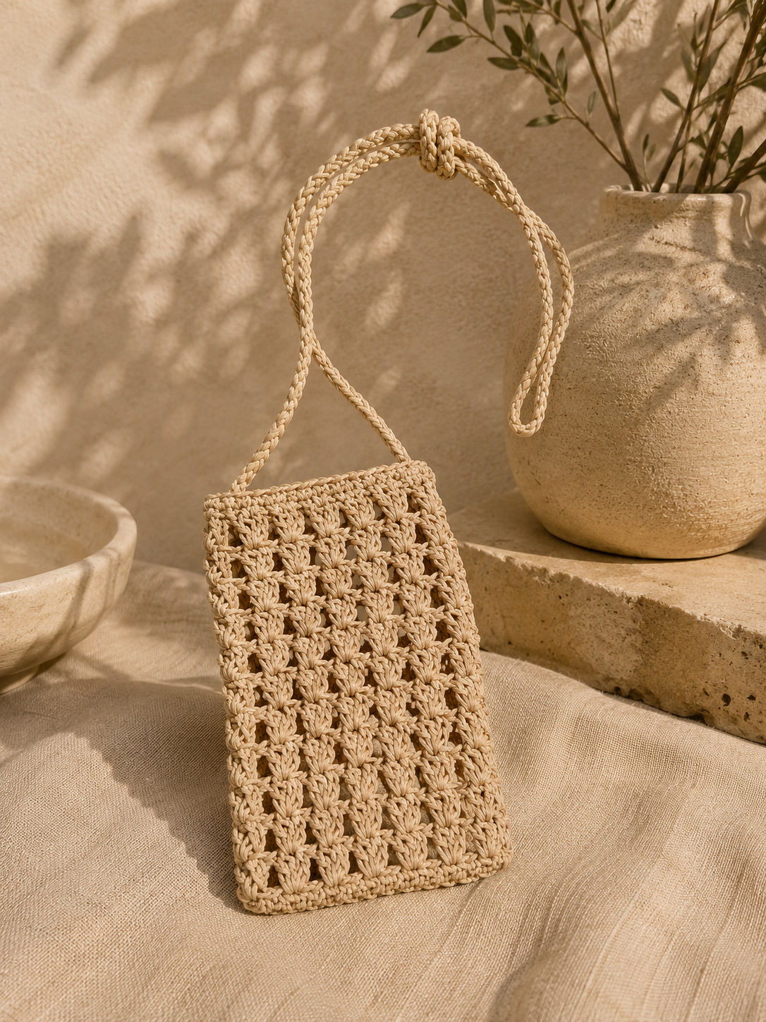Beige handmade paper yarn crochet phone bag with a long crossbody strap.