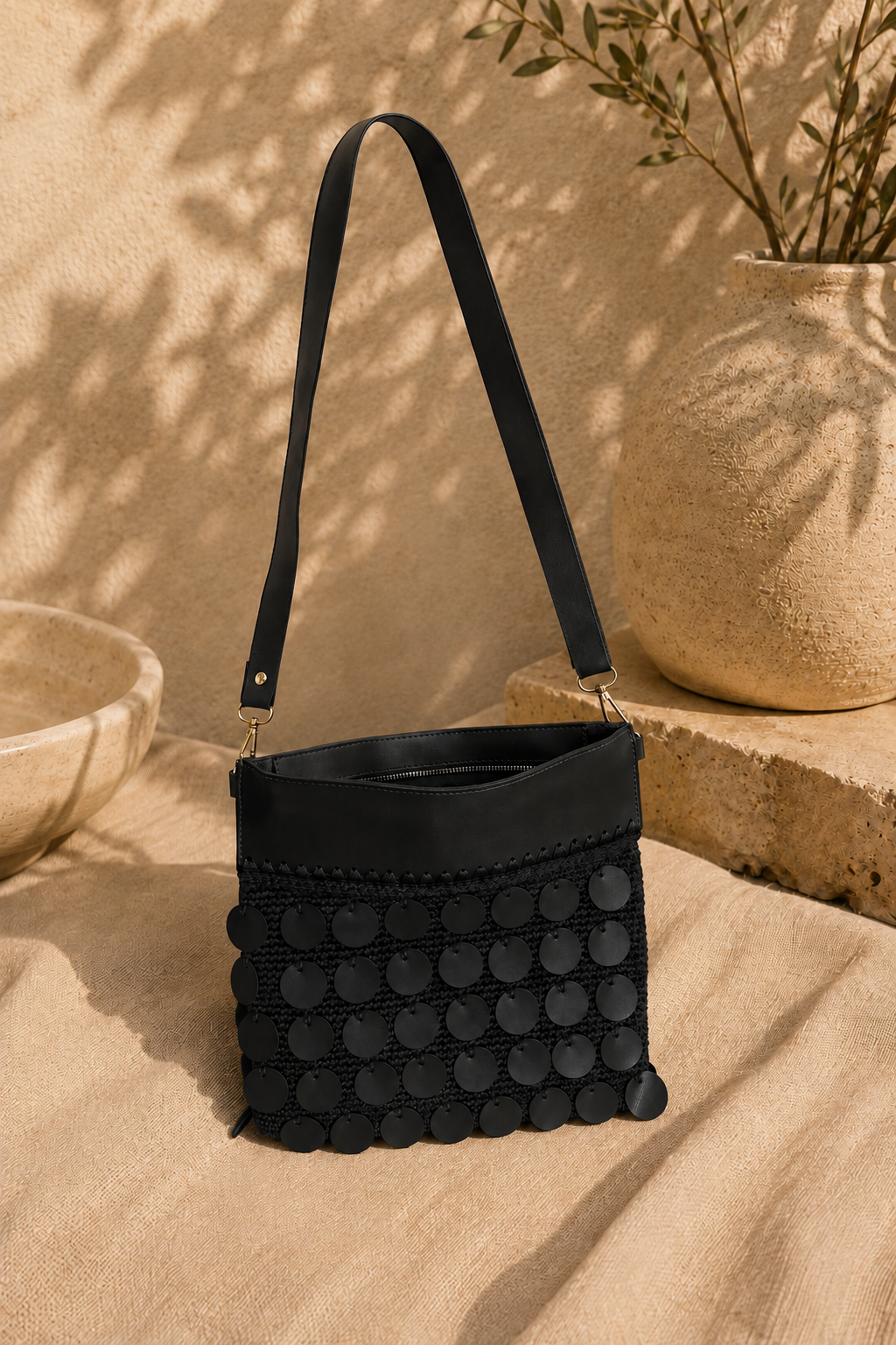 Black leather crossbody bag with sequin details