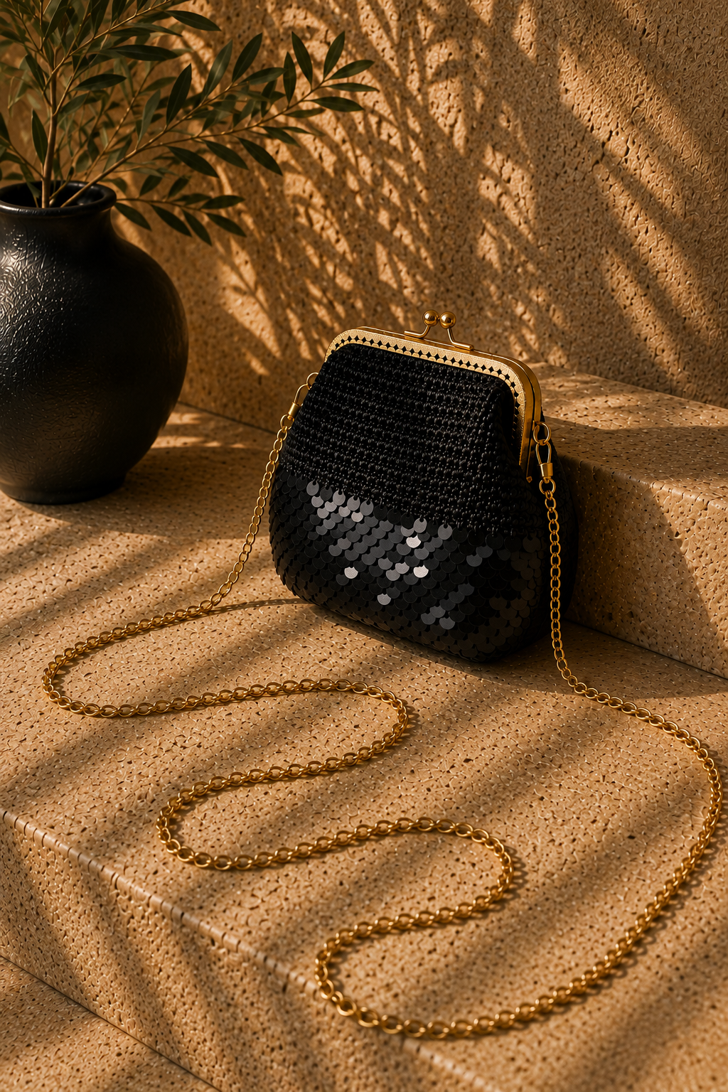 Black handmade crochet evening bag with partial sequin detailing, a rose gold-tone kiss-lock frame and detachable chain strap.