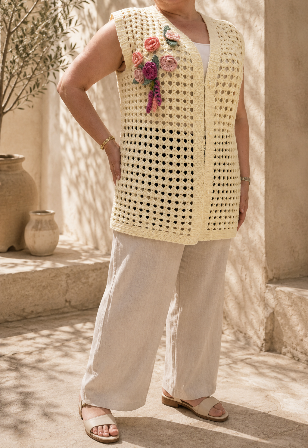 Handmade cream crochet vest styled with light trousers, showing its longline fit and functional pearl-look buttons.