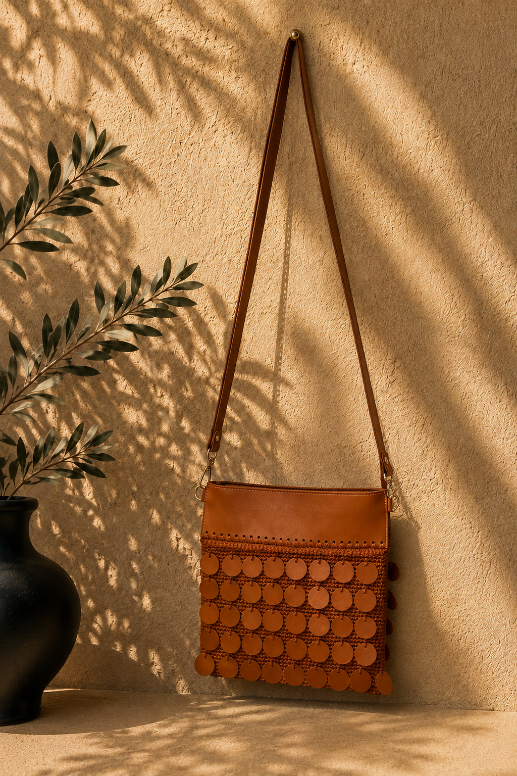 Hanging view of the cognac brown crossbody bag showing the full leather strap, zip-top panel and five rows of leather sequins.