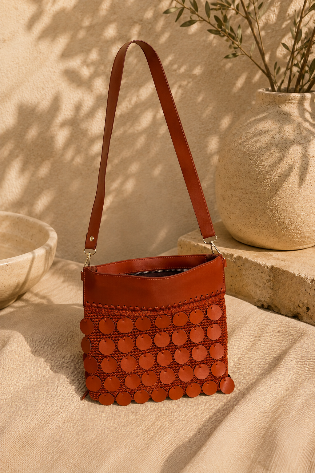 Cognac brown leather crossbody bag with sequin details