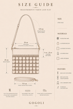 Size guide for the cognac leather sequin crossbody bag showing a 28 cm width, 28 cm body height and 110 cm fully open strap.