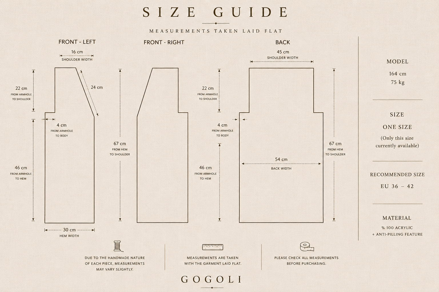 Size guide for the handmade crochet vest with laid-flat front, back, shoulder, armhole, width and length measurements.