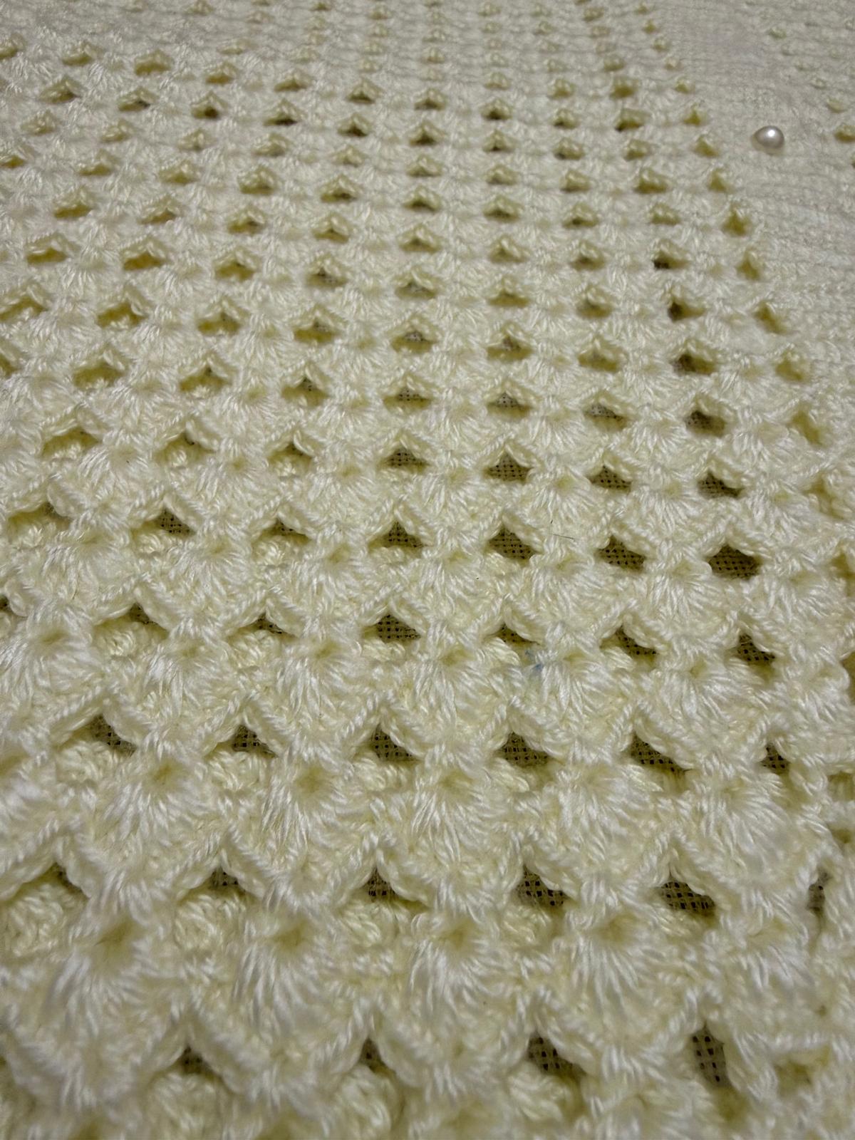 Macro view of the cream openwork crochet texture with a pearl-look plastic button and softly lustrous microfiber acrylic yarn.