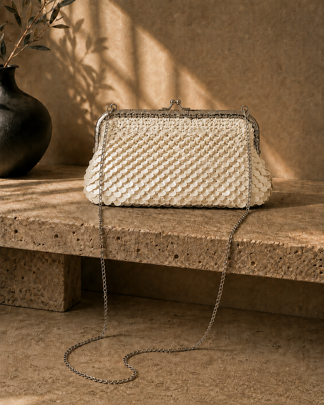 Handmade cream sequin clutch bag carried by hand with a neutral tailored outfit, showing its compact shape and kiss-lock closure.