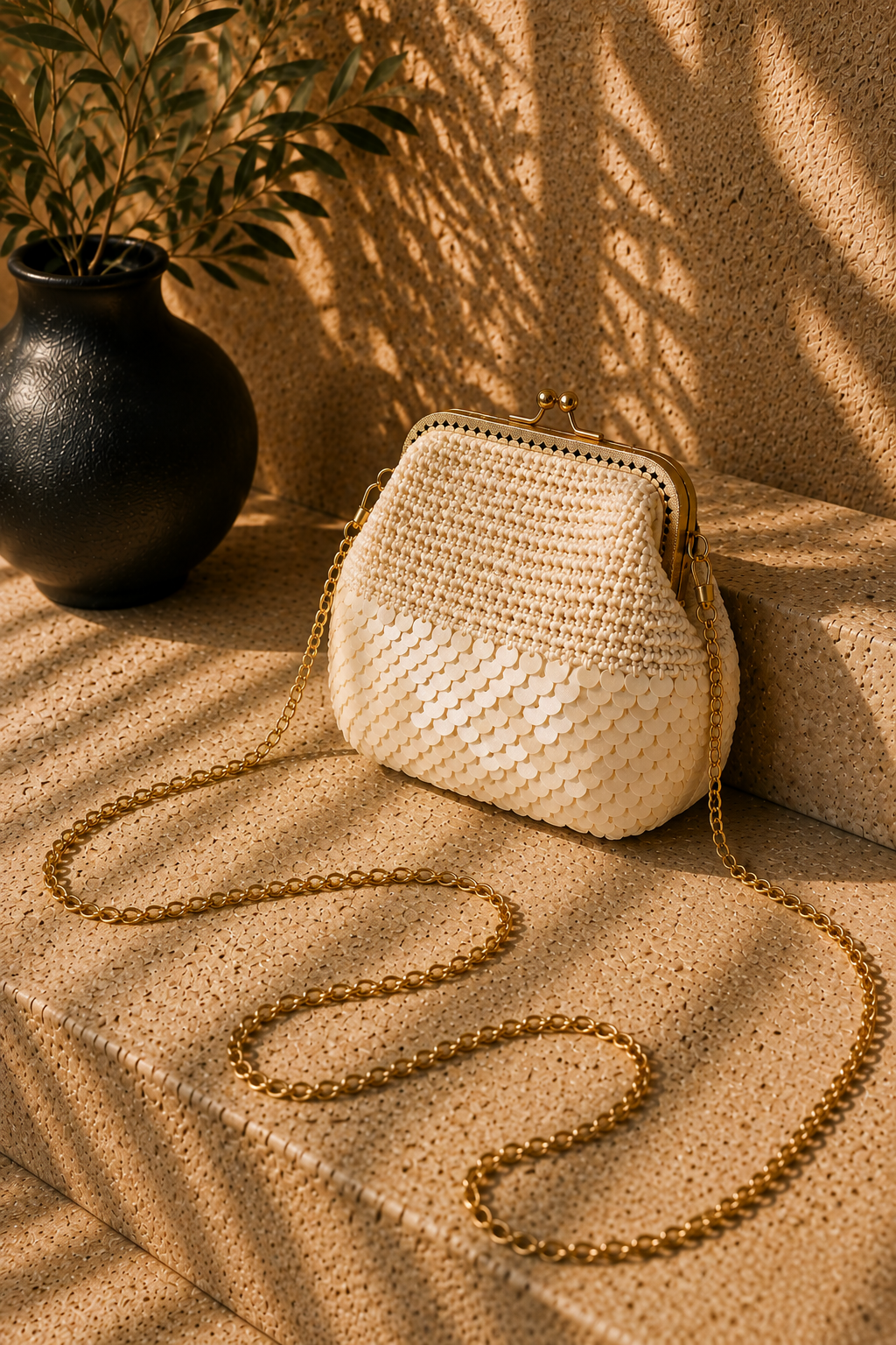 Cream handmade crochet evening bag with partial sequin detailing, a rose gold-tone kiss-lock frame and detachable chain strap.