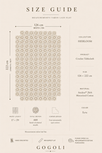 Size guide for the handmade ecru crochet tablecloth measuring approximately 126 by 222 cm with 489 floral motifs.