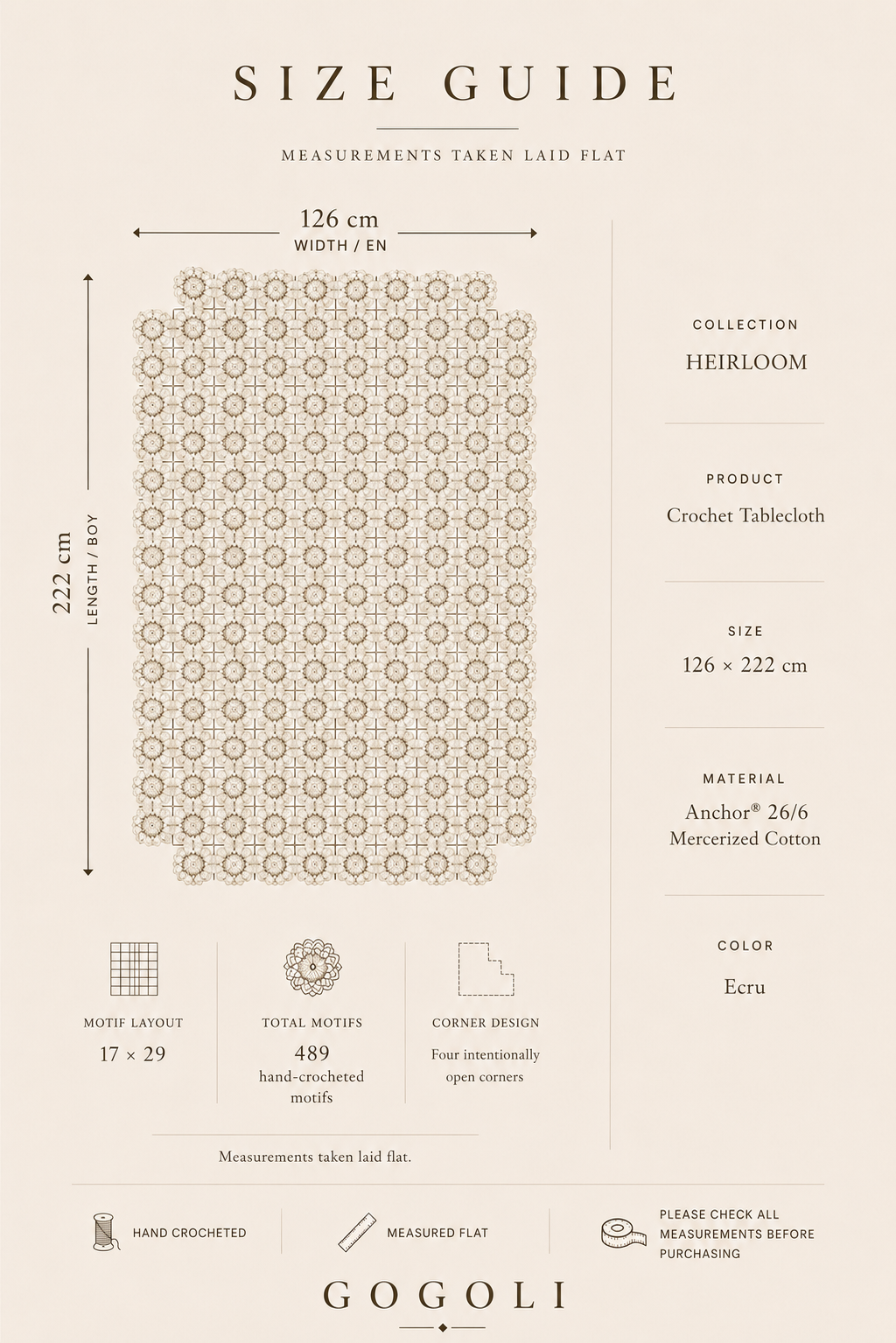 Size guide for the handmade ecru crochet tablecloth measuring approximately 126 by 222 cm with 489 floral motifs.