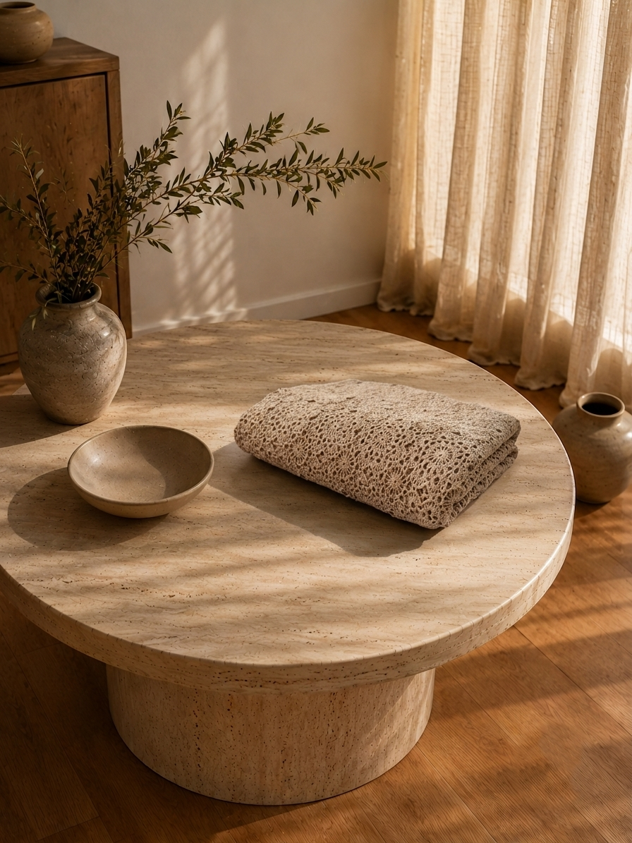 Folded ecru crochet tablecloth styled on a round wooden table as a decorative handmade textile.