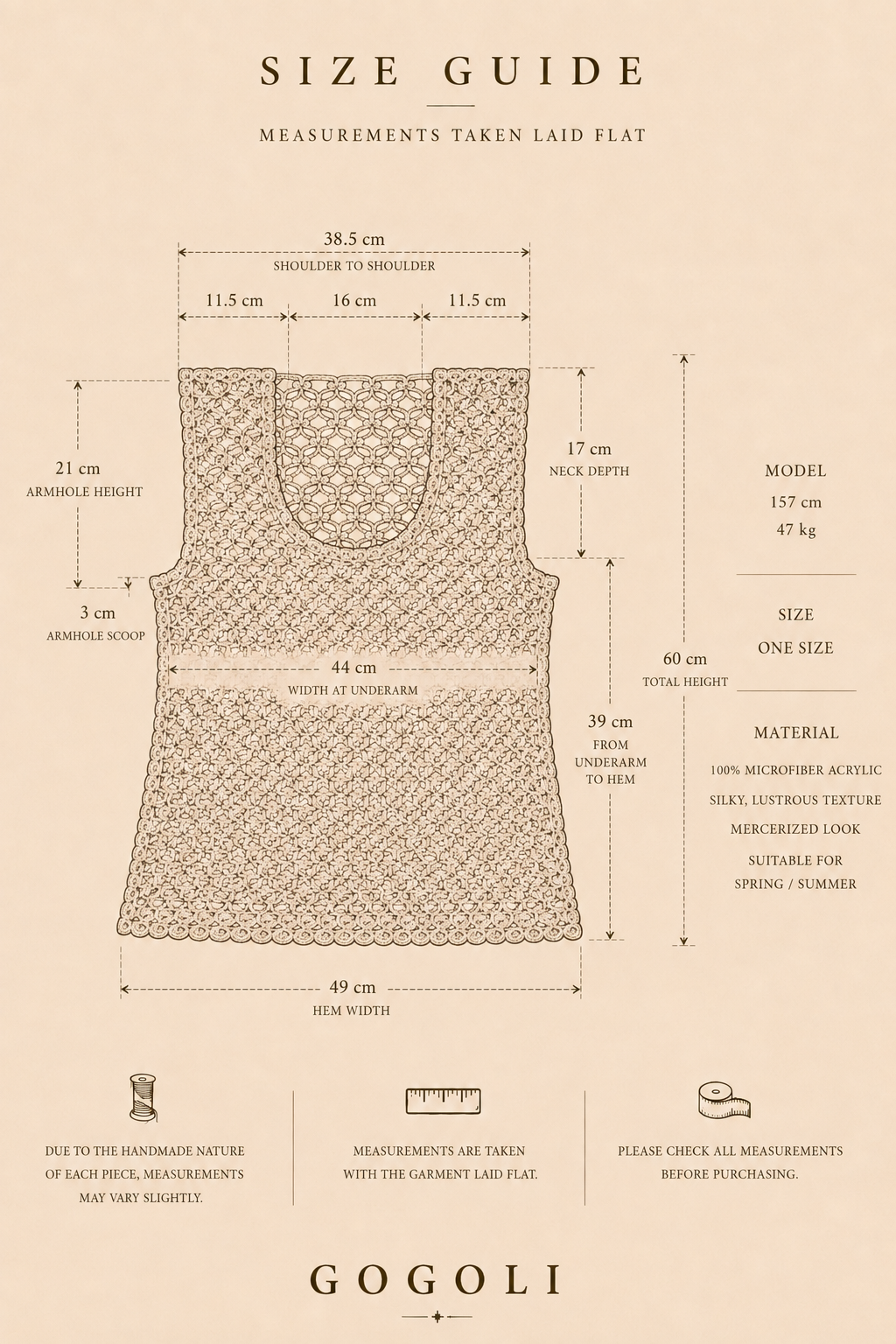 Size guide for the emerald green crochet top showing a 60 cm total height, 44 cm underarm width and 49 cm hem width.