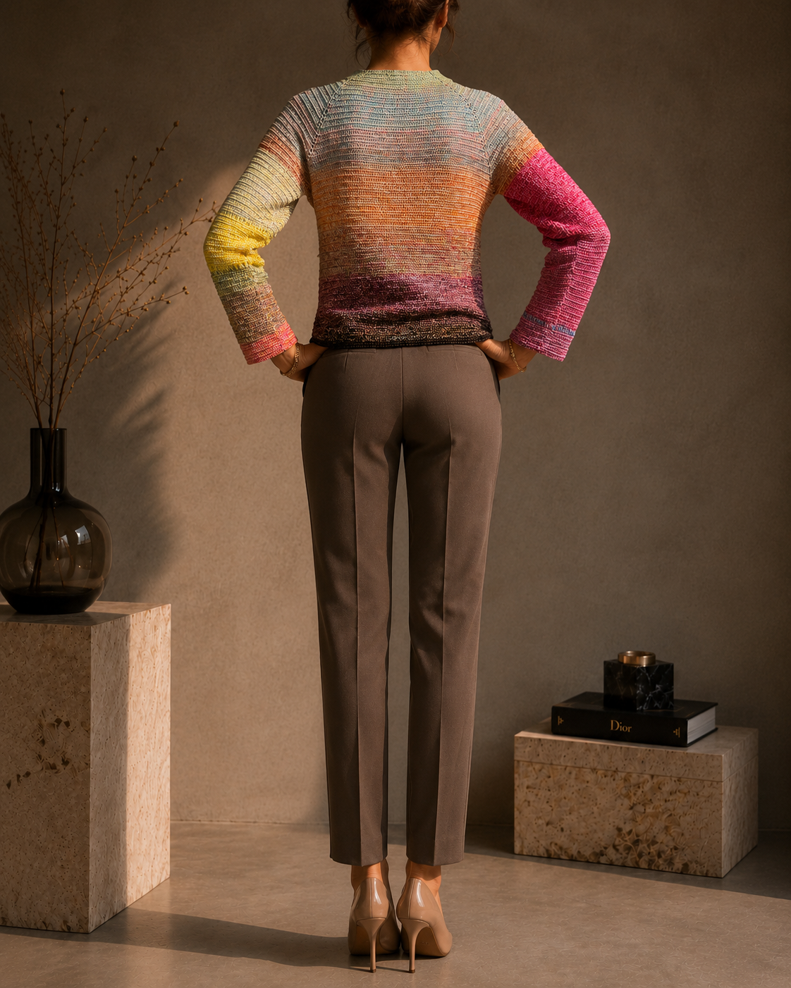 Back view of the five-strand crochet cardigan showing the hand-composed colour transitions across the body and sleeves.