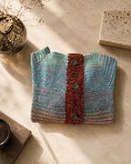 Folded view of the five-strand crochet cardigan highlighting the central placket and layered multicolour surface.