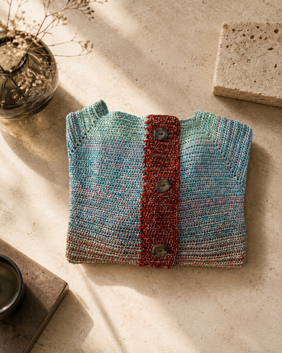 Folded view of the five-strand crochet cardigan highlighting the central placket and layered multicolour surface.