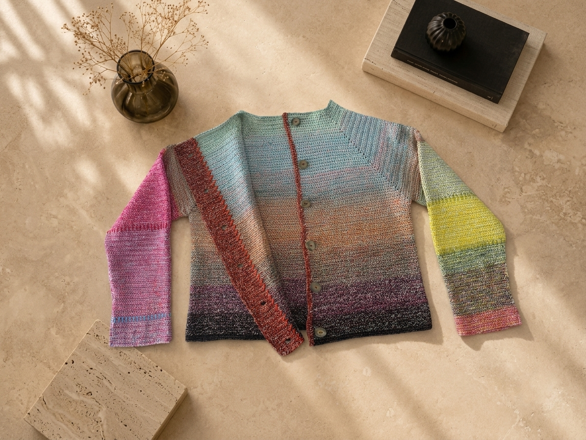 Editorial flat-lay of the open multicolour crochet cardigan showing the front panels, sleeves and gradient composition.