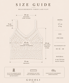 Size guide for the floral crochet crop top showing a 42 cm bust width, 33 cm hem width, 9 cm straps and one-size fit.