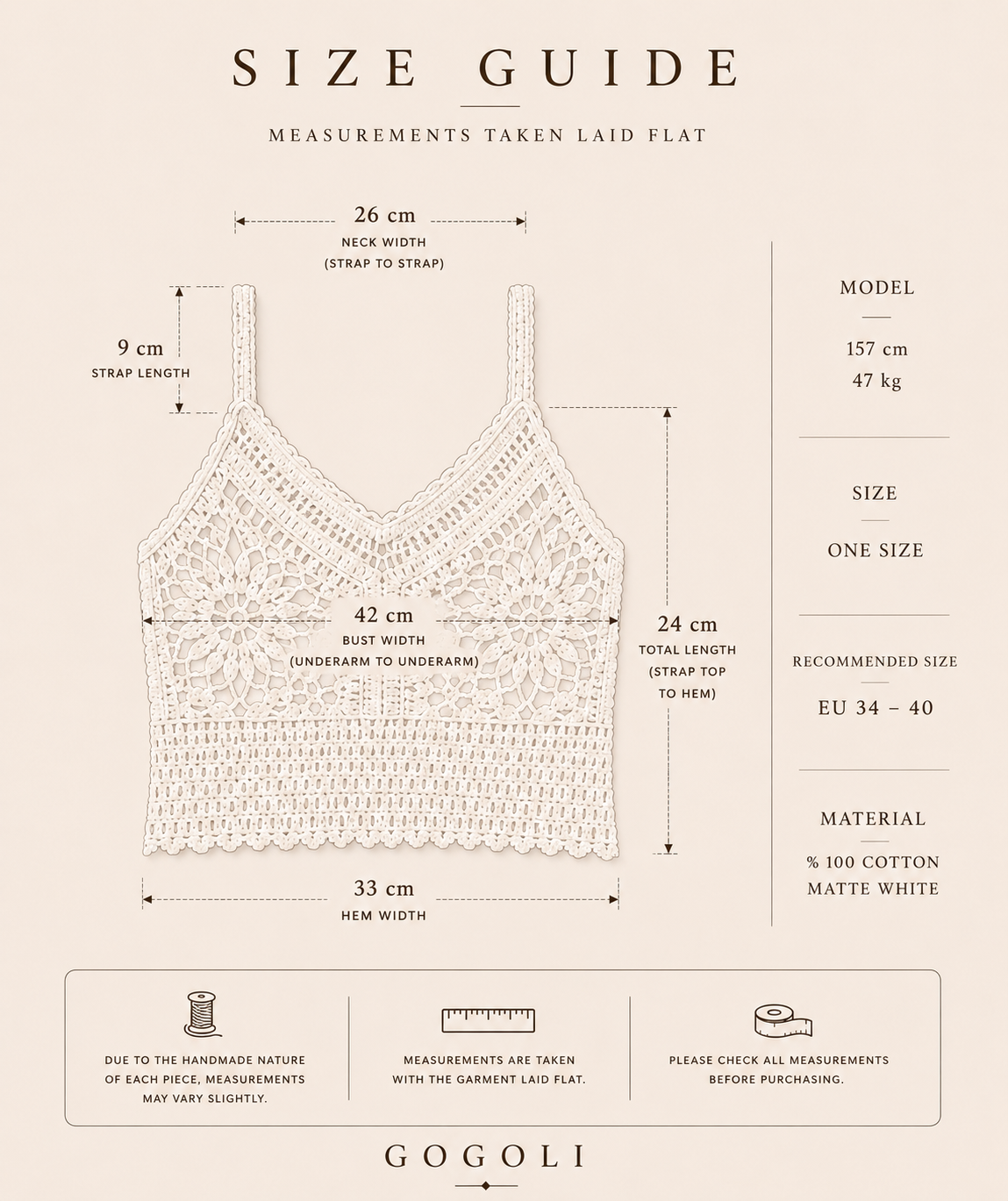 Size guide for the floral crochet crop top showing a 42 cm bust width, 33 cm hem width, 9 cm straps and one-size fit.