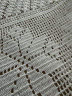 Close-up of the floral filet crochet pattern and handmade stitch structure