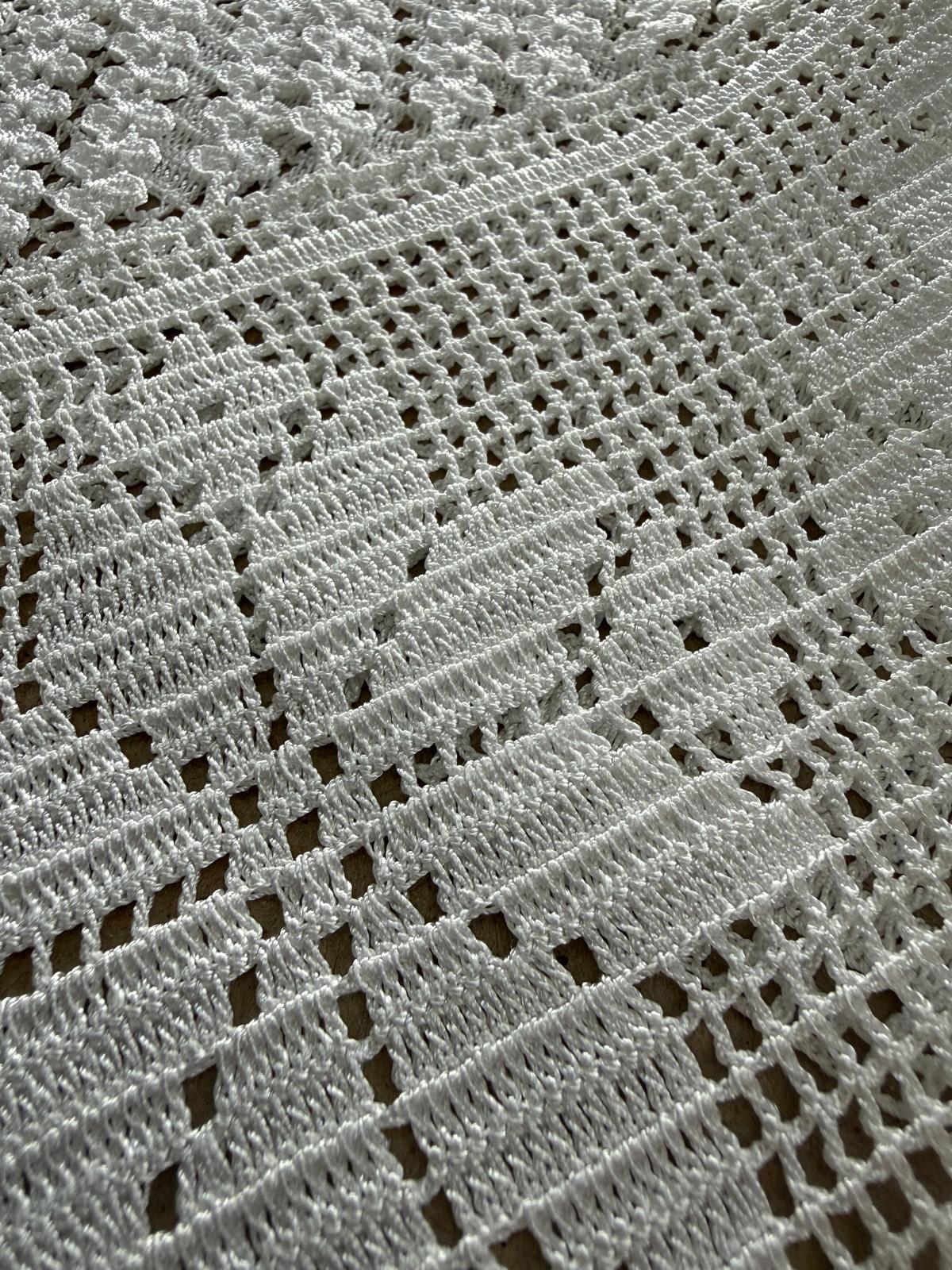 Close-up of the floral filet crochet pattern and handmade stitch structure