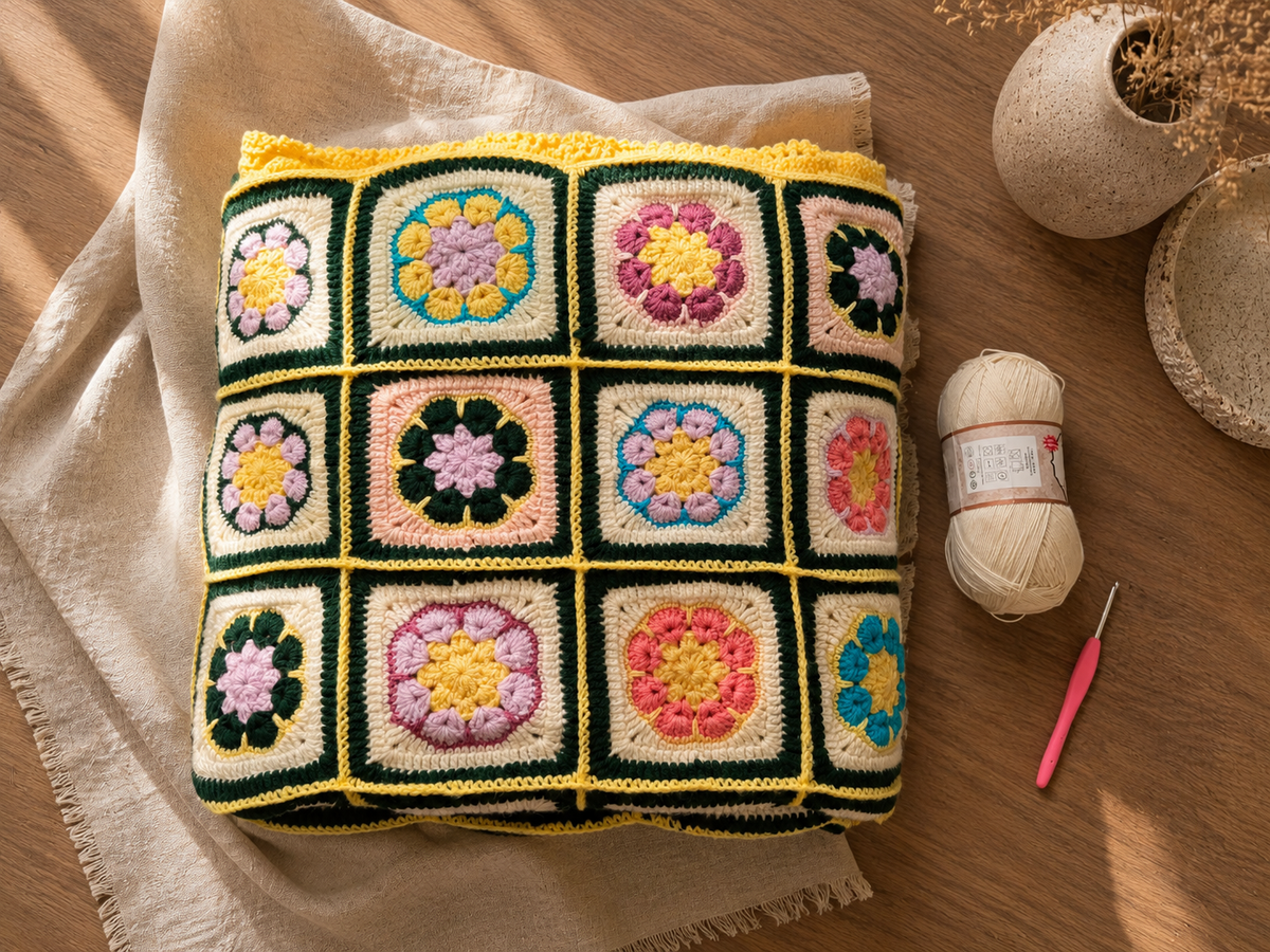 Folded view of the multicolour crochet blanket showing several floral motifs and the substantial layered textile structure.