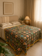 Full view of the handmade floral motif crochet blanket arranged across a bed, showing its large rectangular proportions.