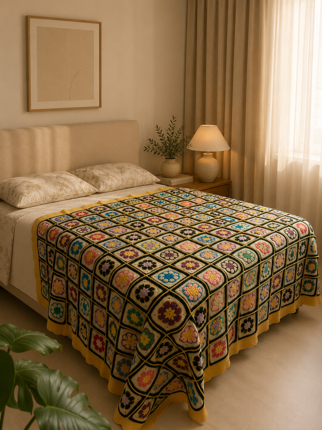 Full view of the handmade floral motif crochet blanket arranged across a bed, showing its large rectangular proportions.