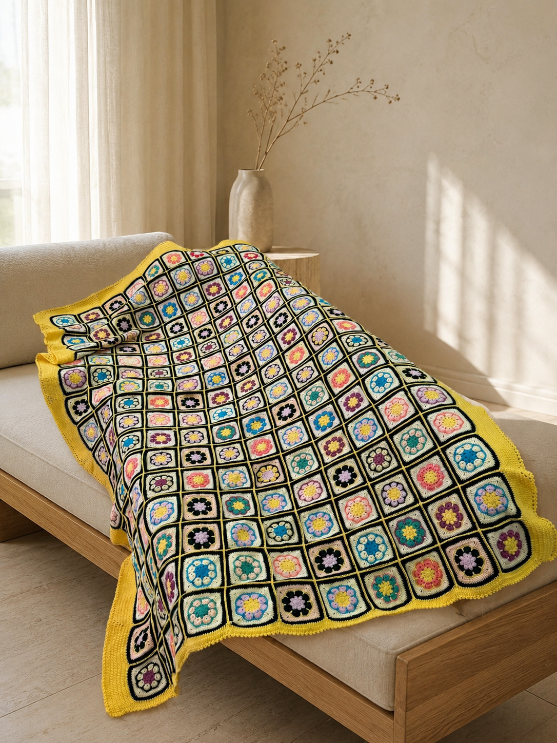 Large handmade floral motif crochet blanket styled over a neutral daybed as a colourful home textile layer.