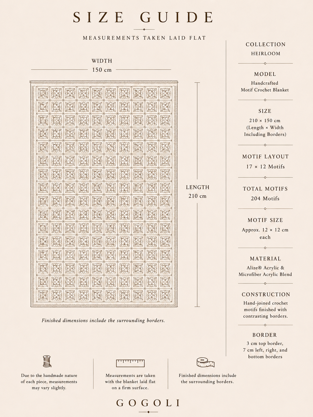 Size guide for the handmade crochet blanket measuring approximately 210 by 150 cm and containing 204 motifs.