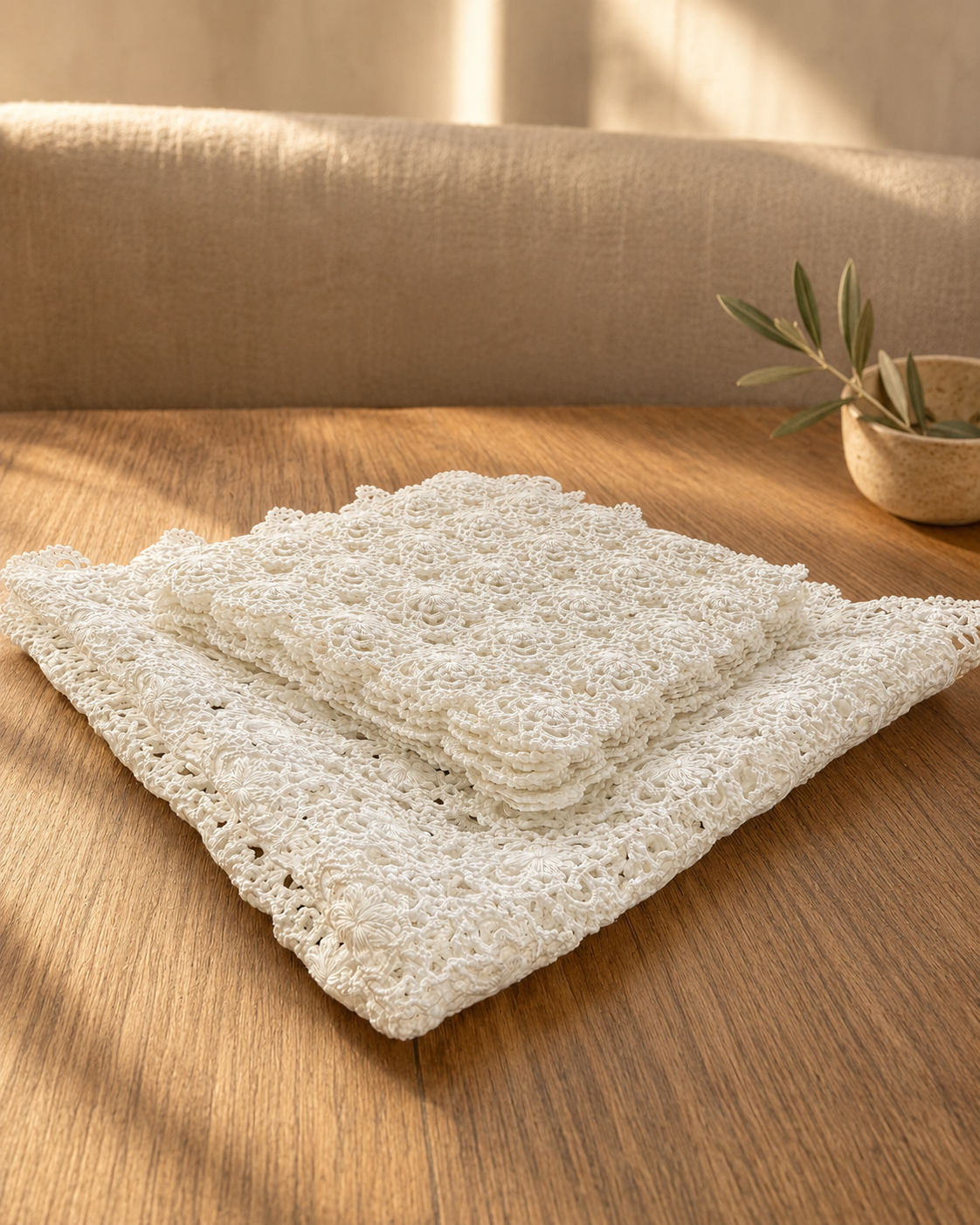 Folded stack of small white cotton crochet doilies from a twelve-piece handmade table-linen set.