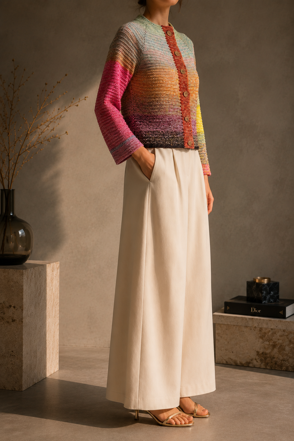 Three-quarter view of the handmade gradient crochet cardigan styled with wide-leg cream trousers.