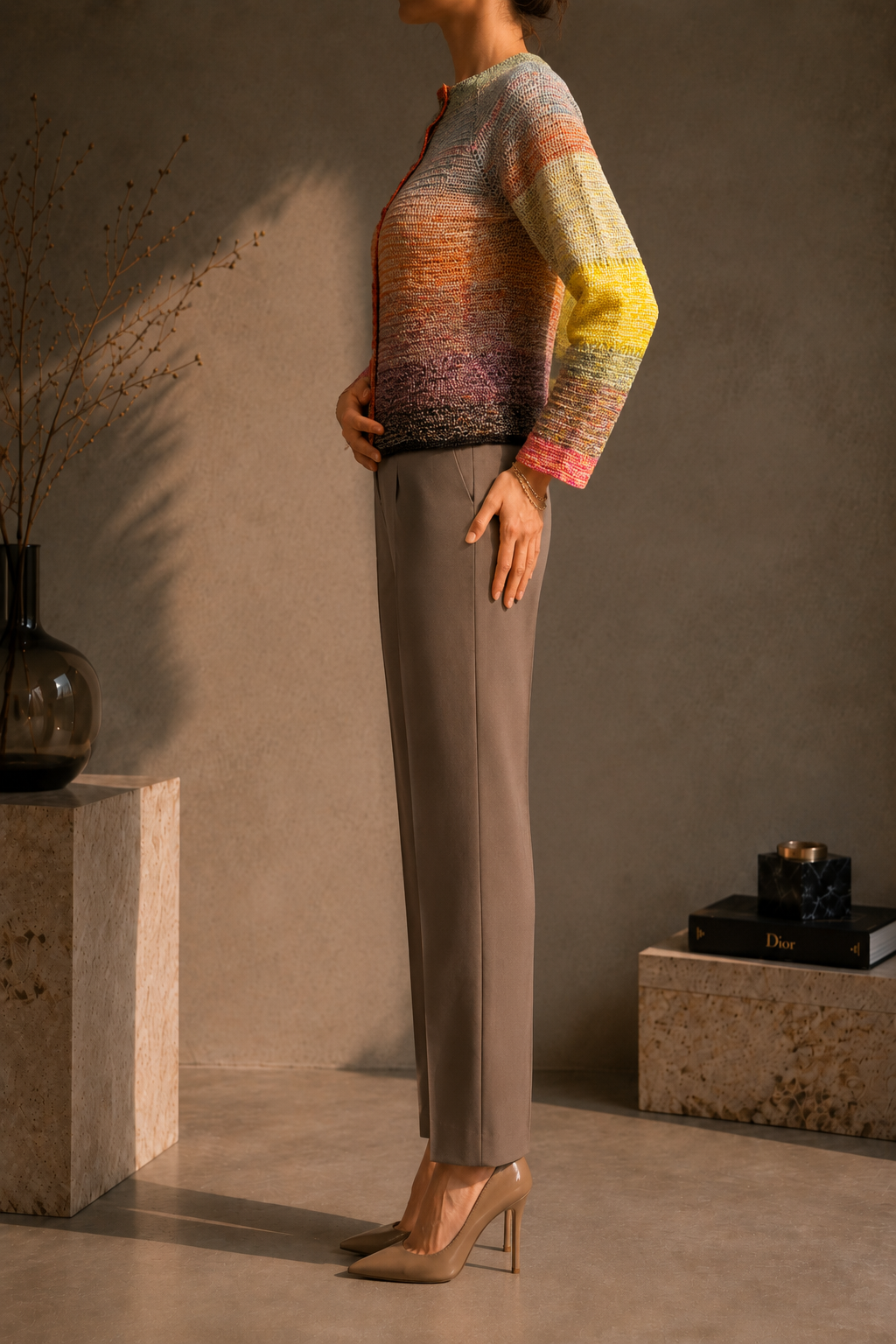 Side view of the handmade gradient crochet cardigan showing its hip-length silhouette and long sleeves.