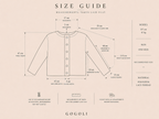Size guide for the handmade crochet cardigan with laid-flat body, sleeve, neckline and placket measurements.