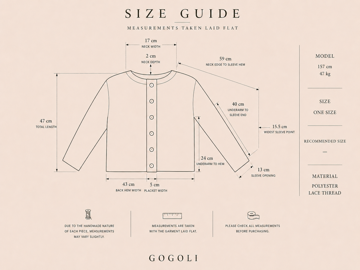 Size guide for the handmade crochet cardigan with laid-flat body, sleeve, neckline and placket measurements.