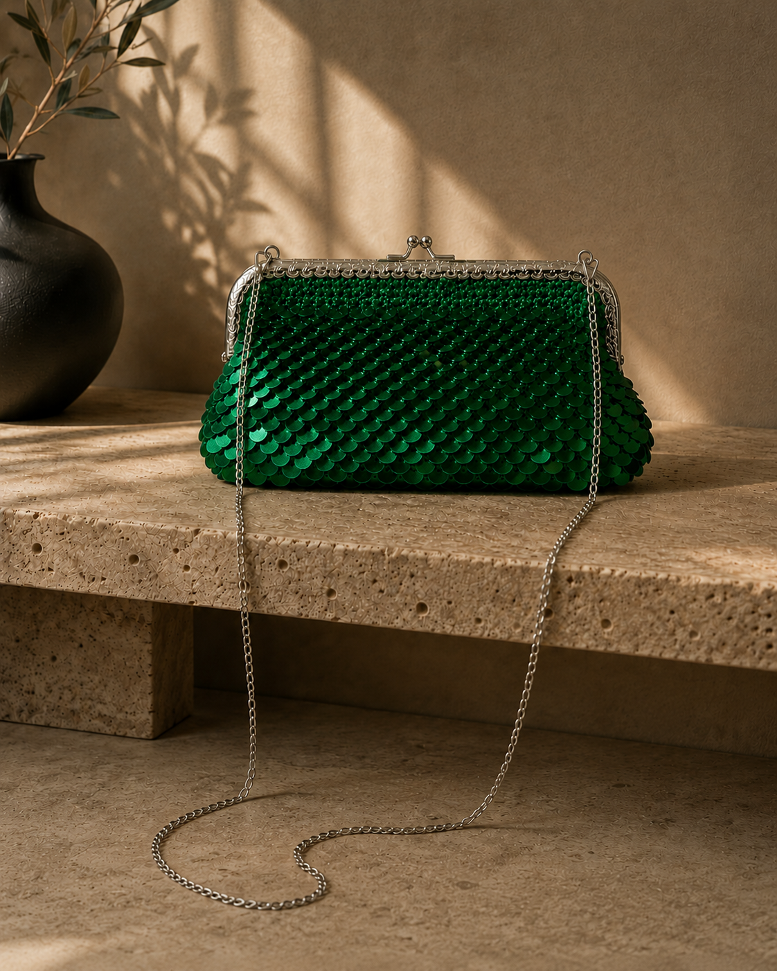 Handmade green sequin clutch bag carried by hand with a neutral tailored outfit, showing its compact shape and kiss-lock closure.