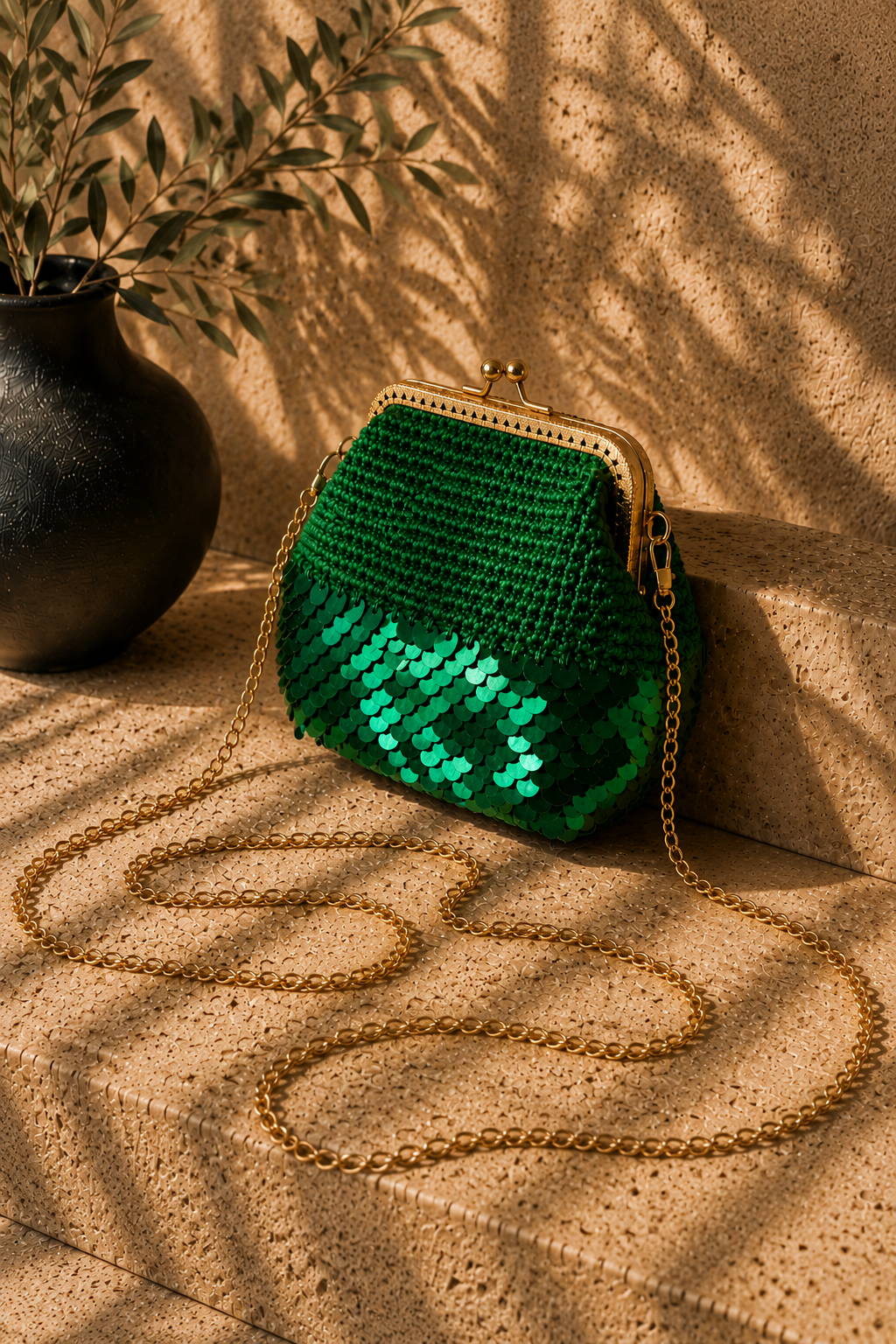 Green handmade crochet evening bag with partial sequin detailing, a rose gold-tone kiss-lock frame and detachable chain strap.