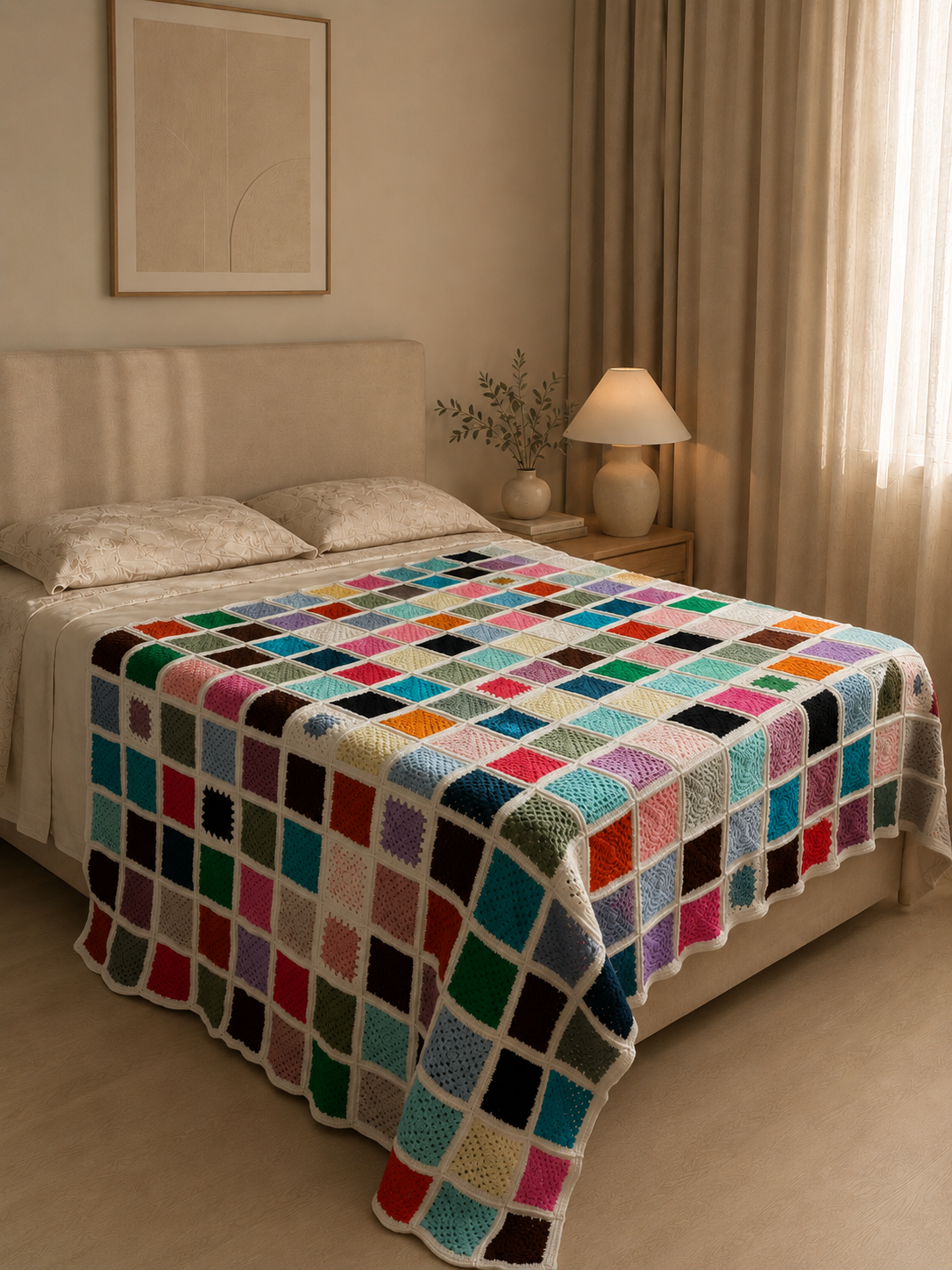 Large handmade multicolour crochet motif blanket draped across a bed in a warm neutral bedroom.