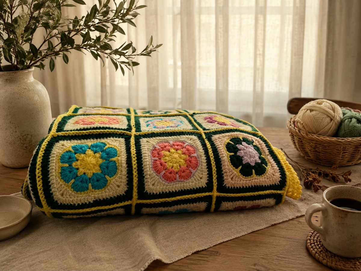 Folded section of the handmade HEIRLOOM blanket styled on a table, highlighting three colourful floral crochet motifs.